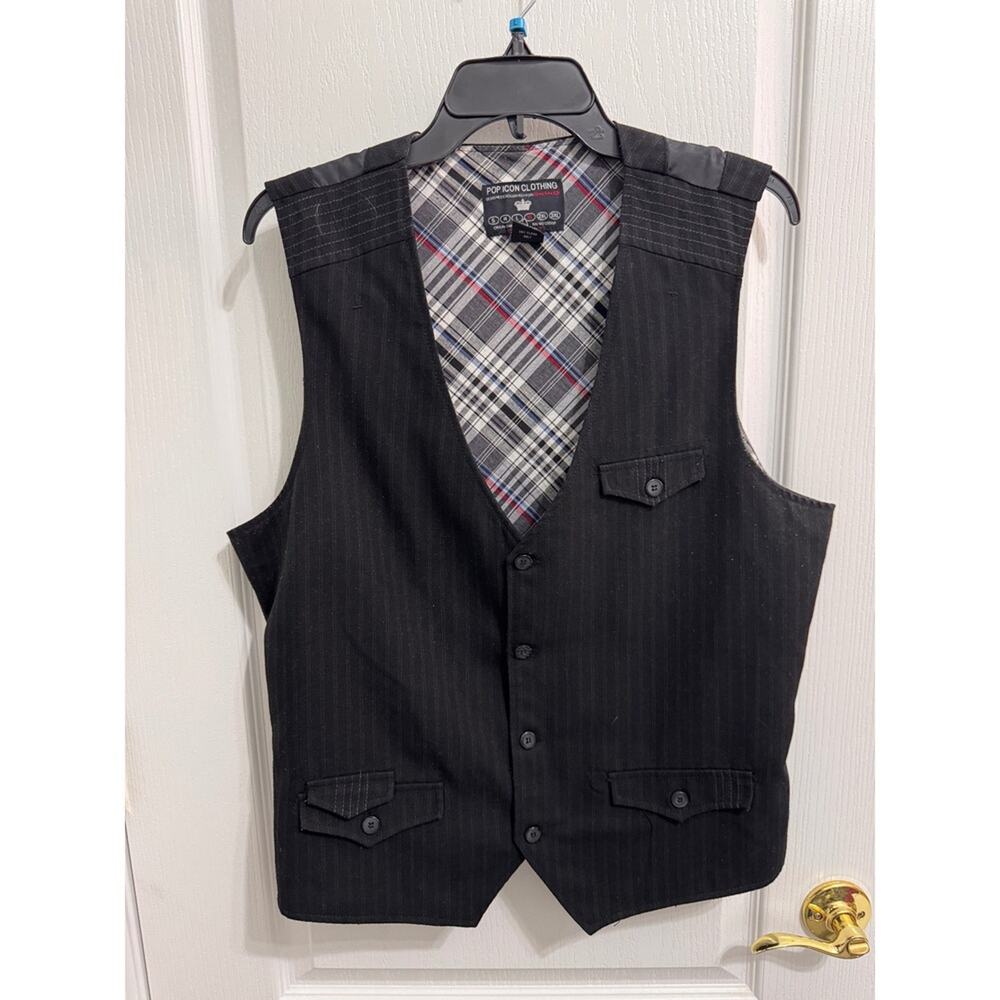 Pop Icon Clothing Black Pinstripe Vest Mens Plaid‎ Lined V-Neck Button Front xl - Picture 2 of 9